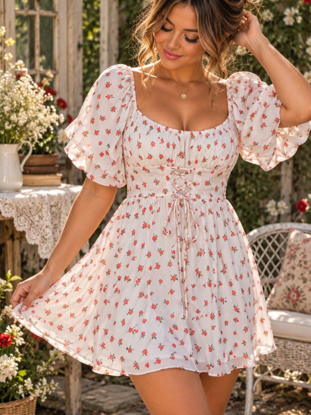 Crystal Doll L White Red Floral Puff Sleeve Lace Up Cottagecore Dress #118